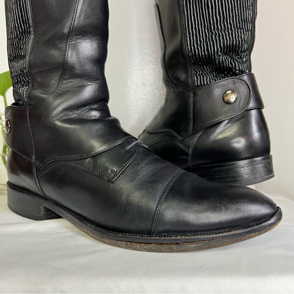 Hugo Boss Dress Knee High Black Leather Stretchy Calf Zip Boots 38 Almond Toe 8 - Picture 7 of 15